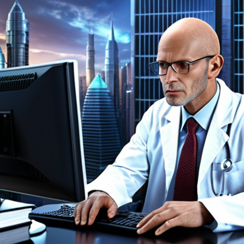**

Patent attorney passionately working in front of computer with law books and medical models, futuristic city background reflecting medical innovation.

**