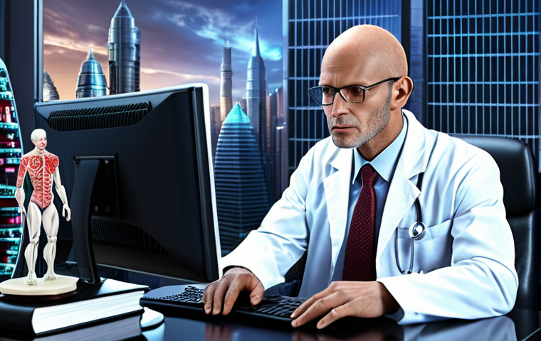 **

Patent attorney passionately working in front of computer with law books and medical models, futuristic city background reflecting medical innovation.

**