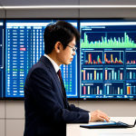 A highly professional Japanese patent attorney, fully clothed in a modest dark business suit, deeply focused on a large digital screen displaying complex intellectual property data, AI algorithms, and patent analysis graphs in a sleek, modern office. Subtle AI-powered tools are visible on the polished desk. The attorney is in a thoughtful, natural pose, perfect anatomy, with correct proportions, well-formed hands, and proper finger count. Professional photography, high quality, professional, safe for work, appropriate content, appropriate attire, professional dress, natural body proportions.