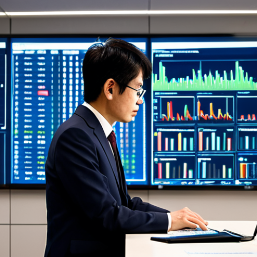 A highly professional Japanese patent attorney, fully clothed in a modest dark business suit, deeply focused on a large digital screen displaying complex intellectual property data, AI algorithms, and patent analysis graphs in a sleek, modern office. Subtle AI-powered tools are visible on the polished desk. The attorney is in a thoughtful, natural pose, perfect anatomy, with correct proportions, well-formed hands, and proper finger count. Professional photography, high quality, professional, safe for work, appropriate content, appropriate attire, professional dress, natural body proportions.