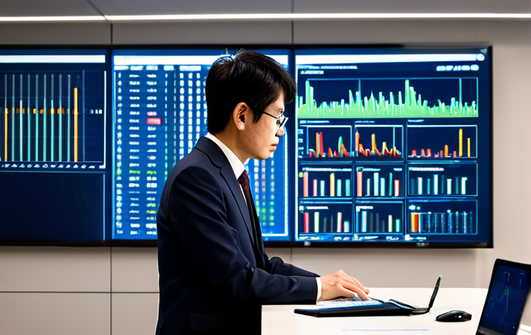 A highly professional Japanese patent attorney, fully clothed in a modest dark business suit, deeply focused on a large digital screen displaying complex intellectual property data, AI algorithms, and patent analysis graphs in a sleek, modern office. Subtle AI-powered tools are visible on the polished desk. The attorney is in a thoughtful, natural pose, perfect anatomy, with correct proportions, well-formed hands, and proper finger count. Professional photography, high quality, professional, safe for work, appropriate content, appropriate attire, professional dress, natural body proportions.