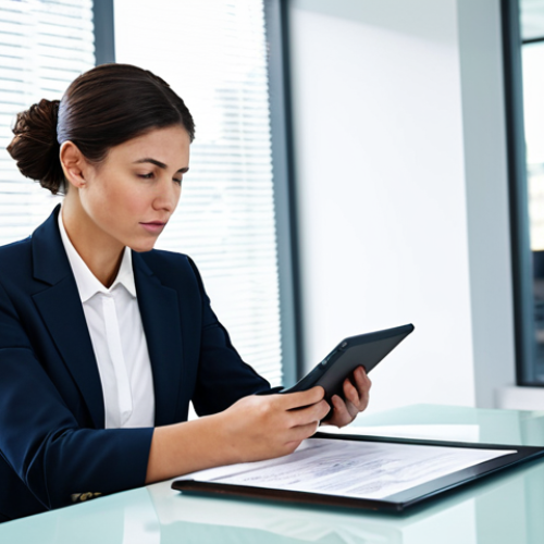 A focused professional patent attorney, a woman in a modest business suit, sitting at a sleek desk in a bright, modern office. She is looking intently at a digital tablet displaying a detailed work log, her expression thoughtful and insightful, reflecting on past entries to plan for future success. The office environment is clean and organized, with subtle hints of technology. Fully clothed, appropriate attire, safe for work, perfect anatomy, natural proportions, professional photography, high quality, correct proportions, natural pose, well-formed hands, proper finger count, natural body proportions, professional dress, appropriate content, modest, family-friendly.