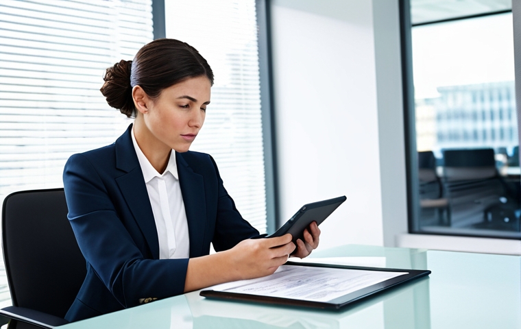 A focused professional patent attorney, a woman in a modest business suit, sitting at a sleek desk in a bright, modern office. She is looking intently at a digital tablet displaying a detailed work log, her expression thoughtful and insightful, reflecting on past entries to plan for future success. The office environment is clean and organized, with subtle hints of technology. Fully clothed, appropriate attire, safe for work, perfect anatomy, natural proportions, professional photography, high quality, correct proportions, natural pose, well-formed hands, proper finger count, natural body proportions, professional dress, appropriate content, modest, family-friendly.