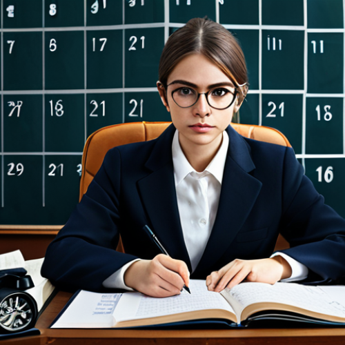 Strategic Study Start**

A young woman at a desk covered in law books and notes, highlighting key passages. She is wearing glasses and a focused expression. Background includes a calendar marked with important dates. fully clothed, appropriate attire, safe for work, perfect anatomy, natural proportions, professional study environment, high quality, modest clothing.

**