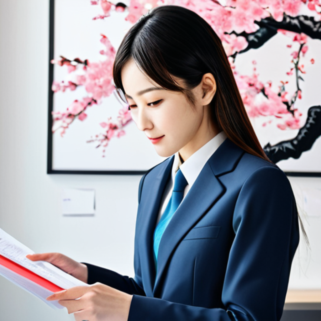 변리사 시험 단기 합격 비결 - **Prompt:** A professional female Benrishi (弁理士) in a modern, brightly lit Tokyo office, wearing a m...