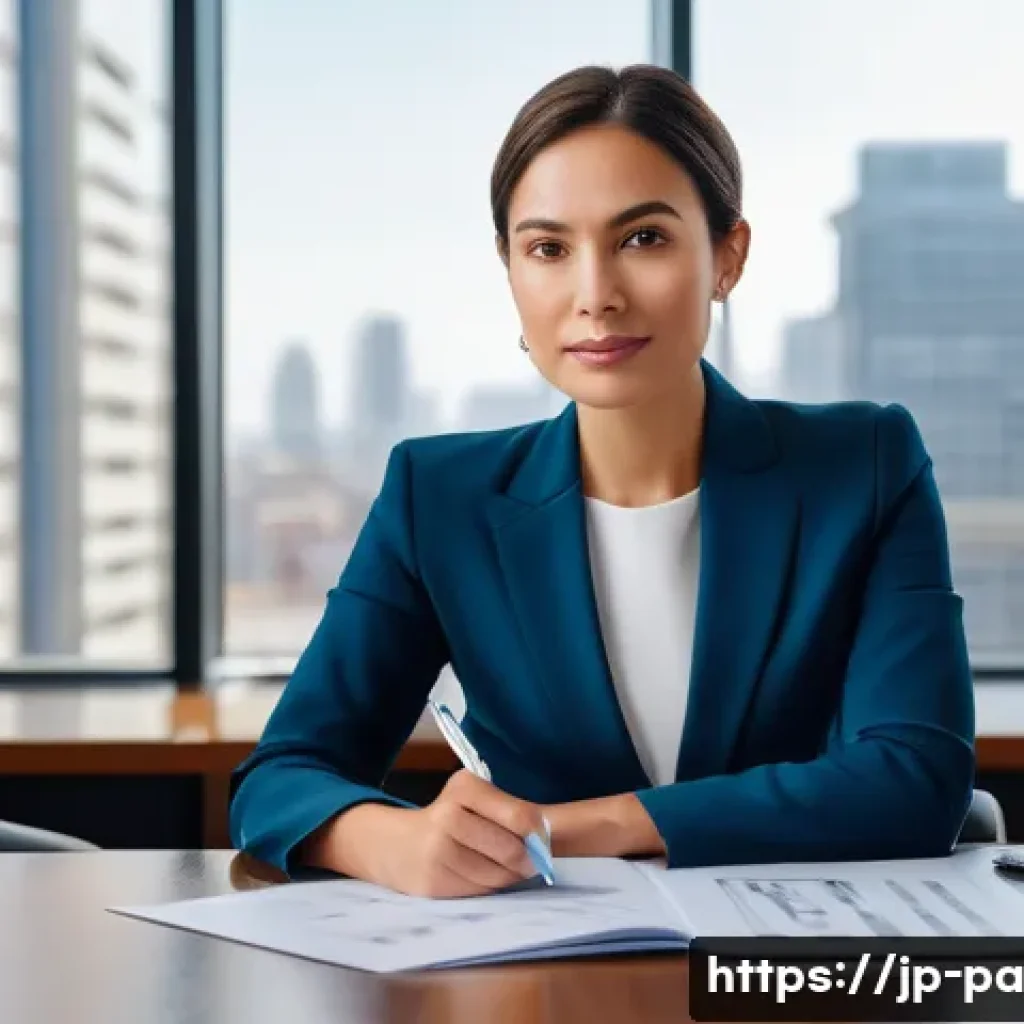 변리사 연봉 평균 - A female patent attorney in a sleek, modern office.**
"A professional and confident female paten...