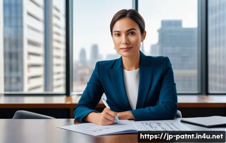 변리사 연봉 평균 - A female patent attorney in a sleek, modern office.**
    "A professional and confident female paten...