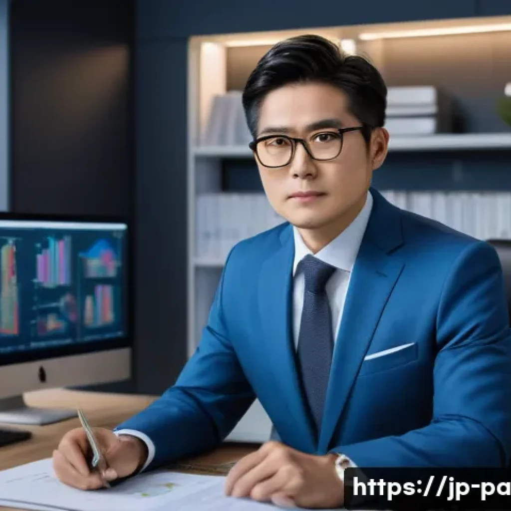 변리사로서의 커리어 패스 - A professional Japanese patent attorney working diligently in a modern office setting, surrounded by...