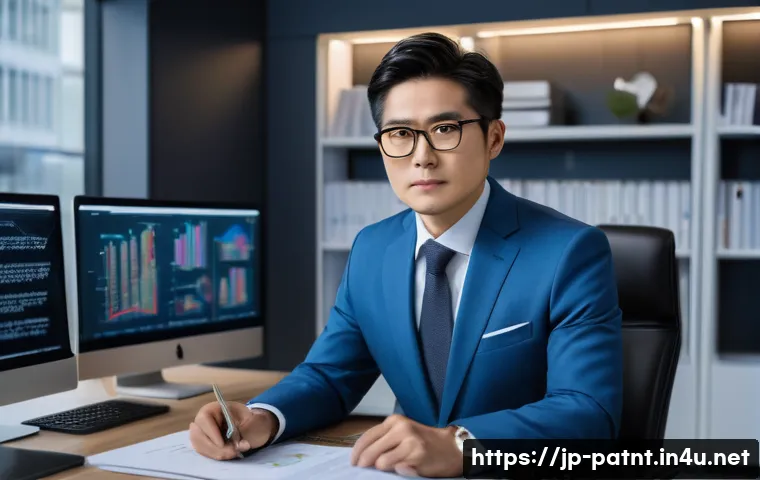 변리사로서의 커리어 패스 - A professional Japanese patent attorney working diligently in a modern office setting, surrounded by...