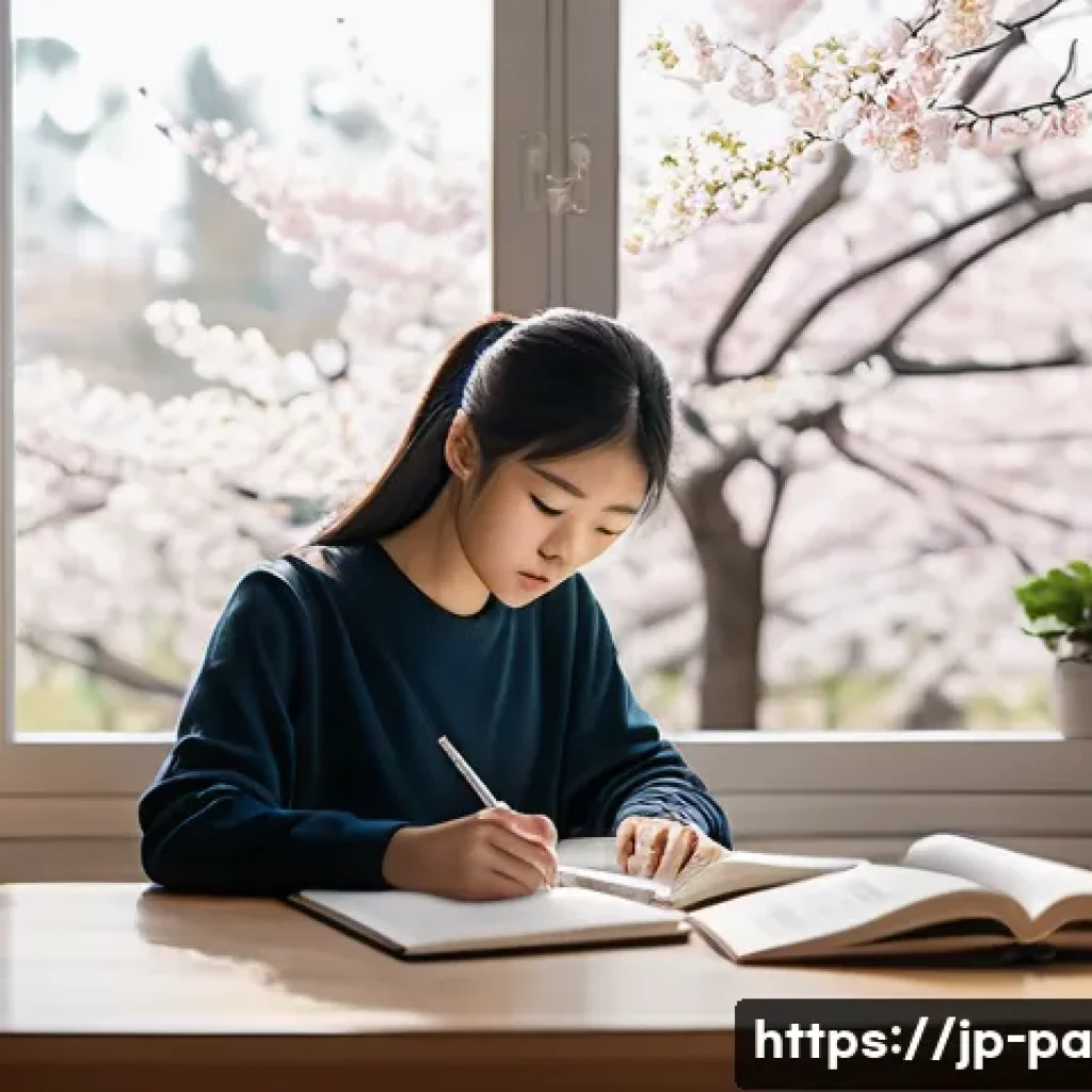 변리사 시험 기출문제 분석 - A focused Japanese student studying diligently at a modern desk in a bright, minimalist room decorat...