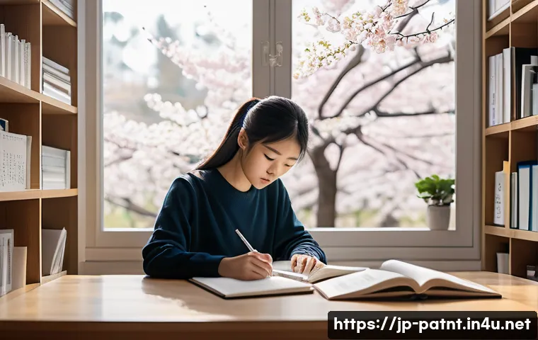 변리사 시험 기출문제 분석 - A focused Japanese student studying diligently at a modern desk in a bright, minimalist room decorat...