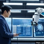 변리사와 로봇 기술 특허 사례 - A modern industrial robot arm in a high-tech factory setting, equipped with advanced sensors and AI-...