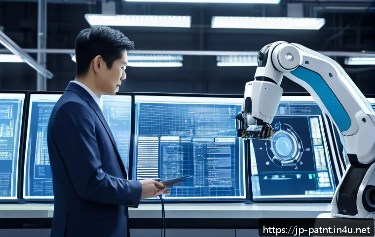 변리사와 로봇 기술 특허 사례 - A modern industrial robot arm in a high-tech factory setting, equipped with advanced sensors and AI-...