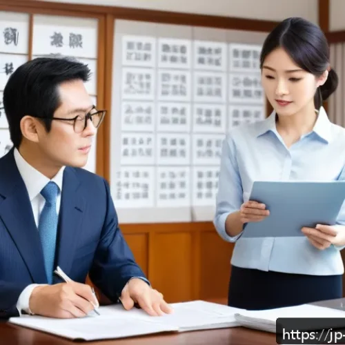 변리사로서의 윤리적 책임 - A professional Japanese patent attorney in a modern office setting, dressed in formal business attir...