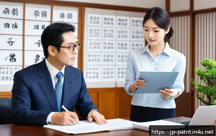 변리사로서의 윤리적 책임 - A professional Japanese patent attorney in a modern office setting, dressed in formal business attir...
