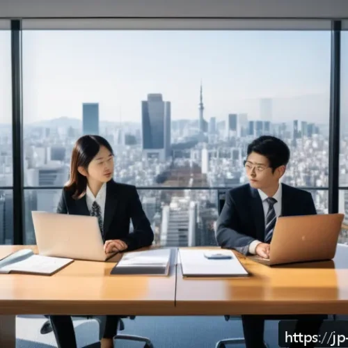 변리사 업무에서의 협업 - A modern Japanese office setting featuring a patent attorney and a patent agent collaborating closel...