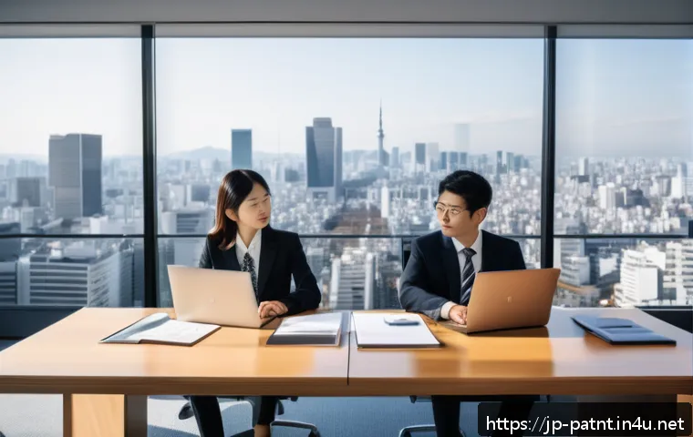 변리사 업무에서의 협업 - A modern Japanese office setting featuring a patent attorney and a patent agent collaborating closel...
