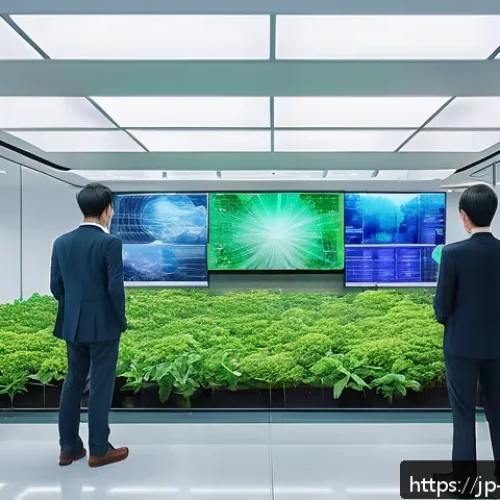 변리사와 지속 가능한 혁신 - A futuristic corporate office scene in Japan showcasing diverse professionals collaborating on susta...