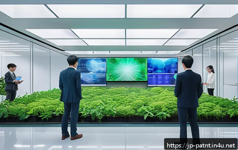 변리사와 지속 가능한 혁신 - A futuristic corporate office scene in Japan showcasing diverse professionals collaborating on susta...