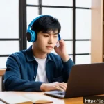 변리사 시험 영어 준비법 - A modern Japanese study room scene featuring a young adult Japanese person sitting at a sleek wooden...