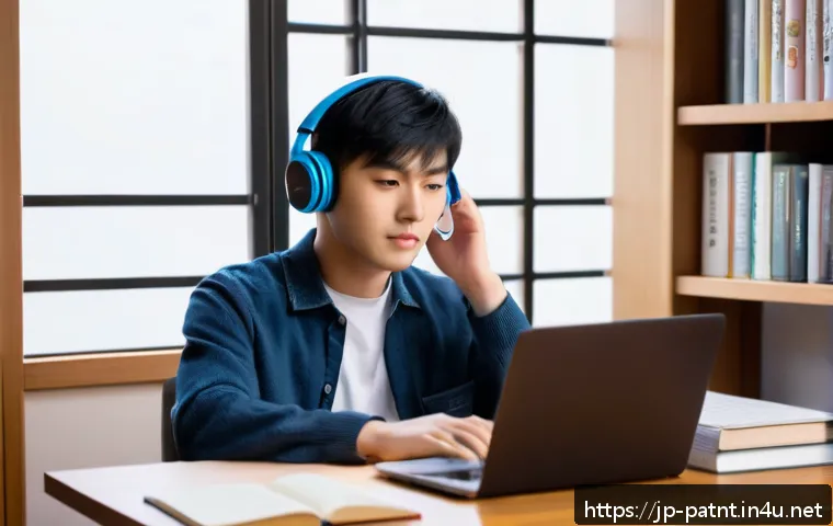 변리사 시험 영어 준비법 - A modern Japanese study room scene featuring a young adult Japanese person sitting at a sleek wooden...