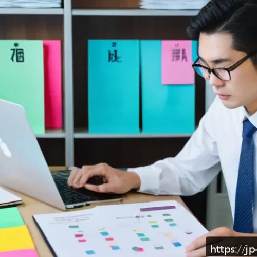 변리사 업무 실무 팁 - A modern Japanese office scene showing a focused professional organizing documents on a desk, with a...