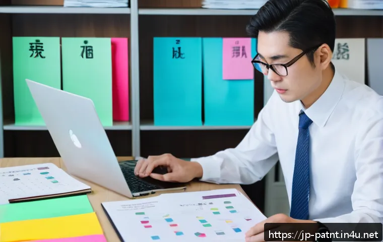변리사 업무 실무 팁 - A modern Japanese office scene showing a focused professional organizing documents on a desk, with a...