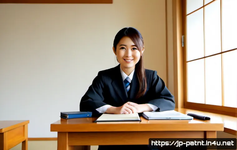 변리사 시험 합격생 인터뷰 - Photorealistic editorial portrait of a successful Japanese patent attorney exam graduate in their la...